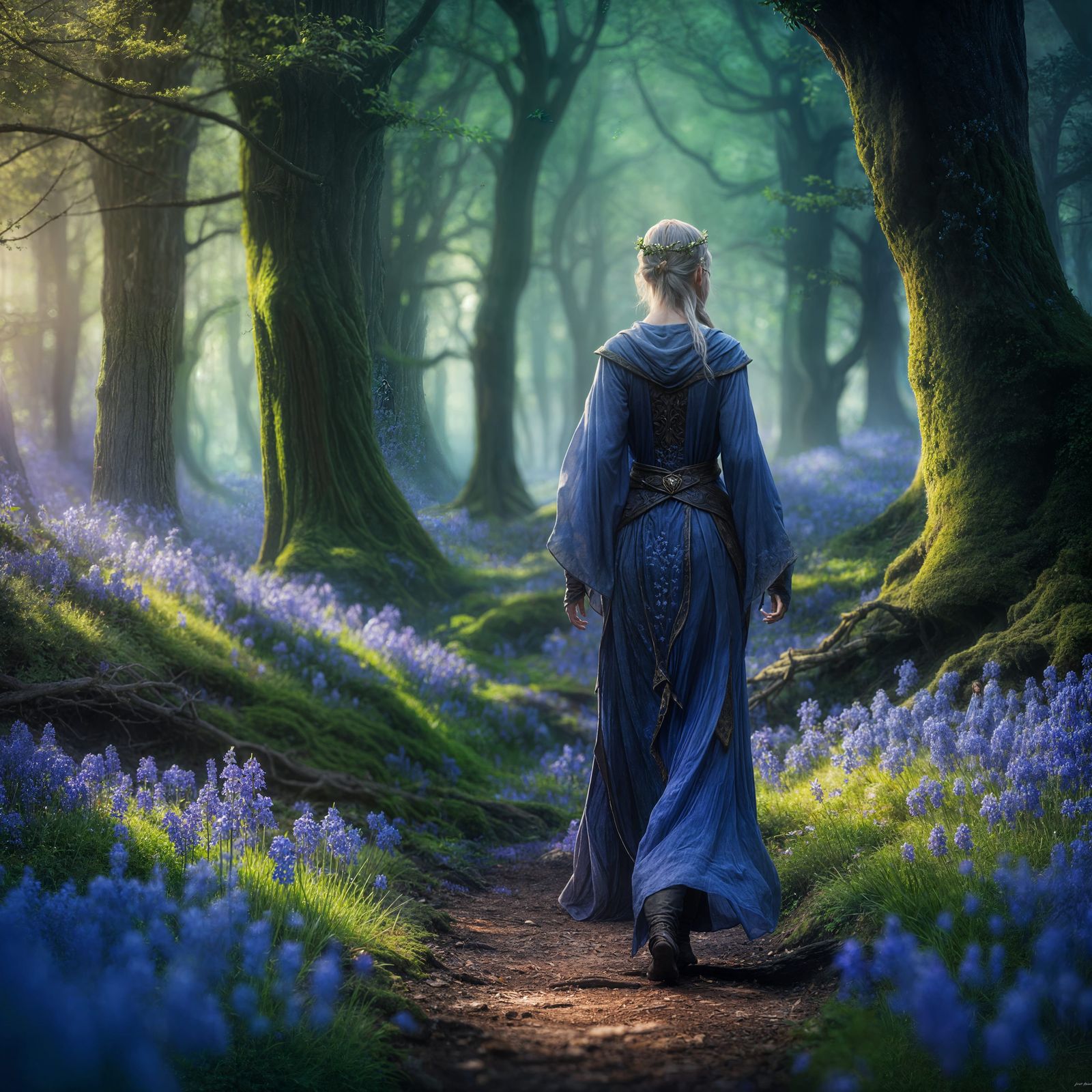 Enchanting Elf in Bluebell Forest: Fantasy Art