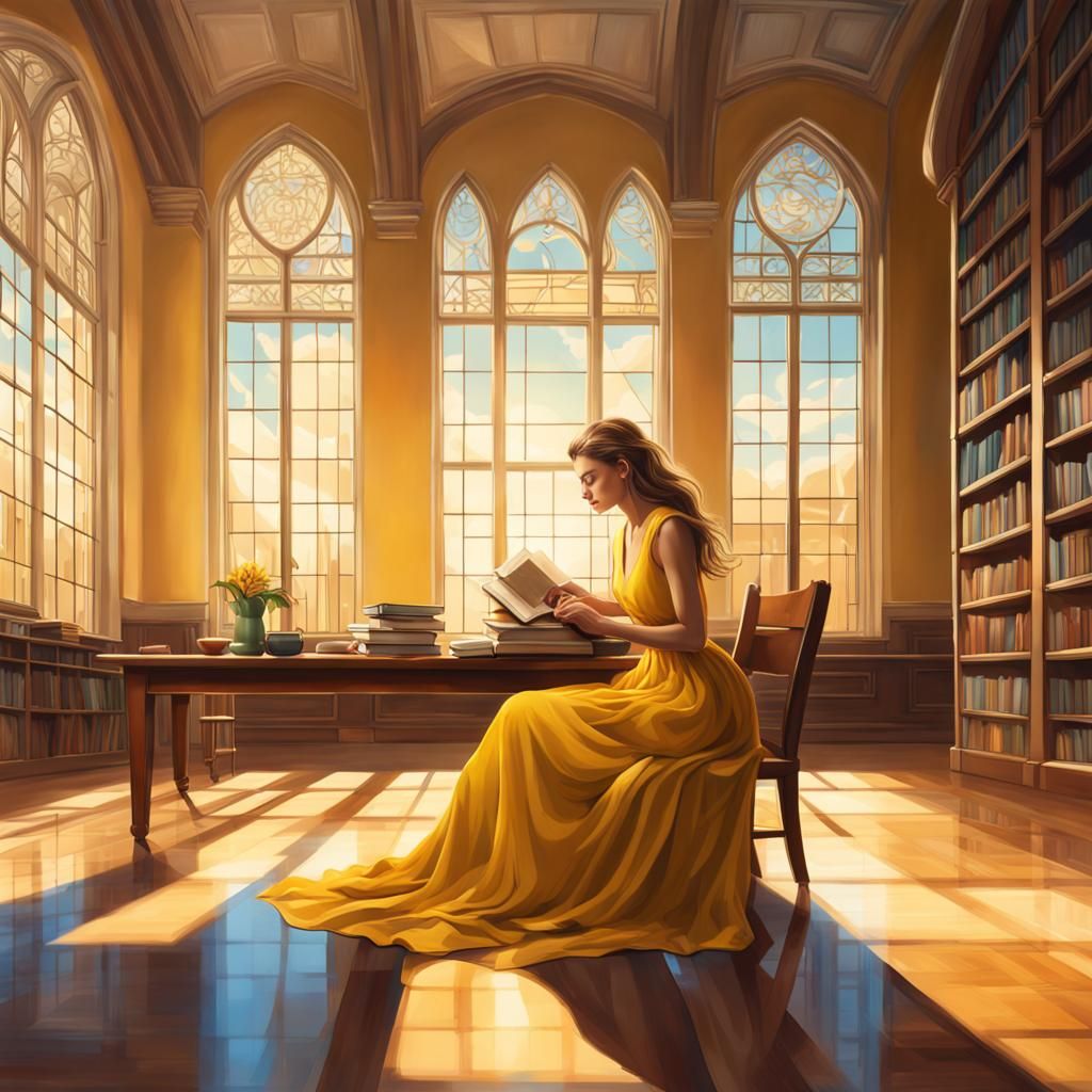 Woman Studying in a Sunny Collegiate Library