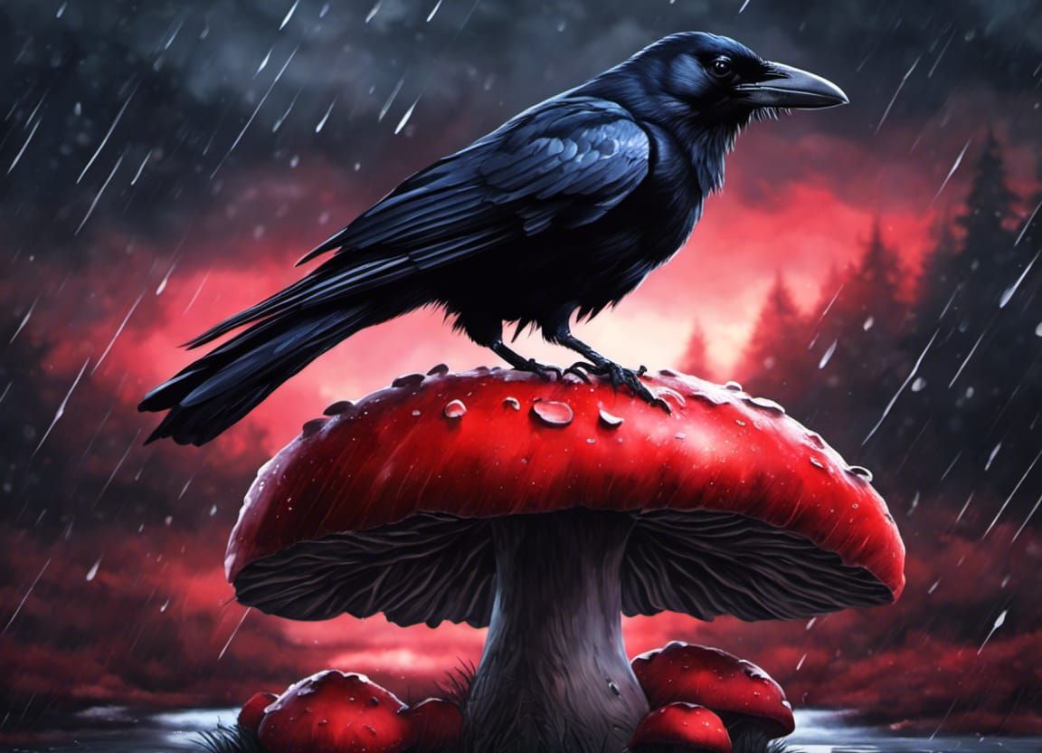 Majestic Crow on Mushroom in Stormy Moonlight