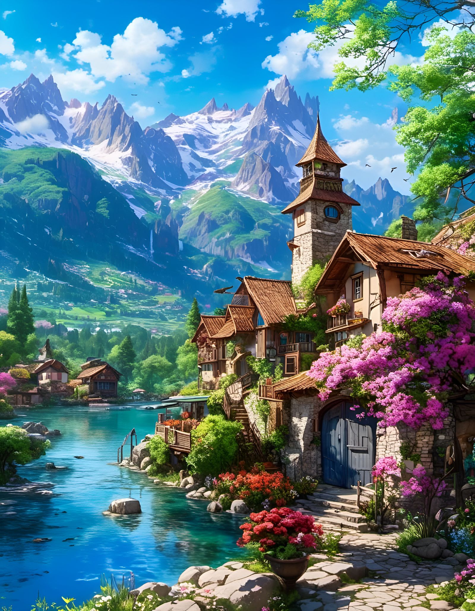 Hyperrealistic Riverside Retreat in Bloom