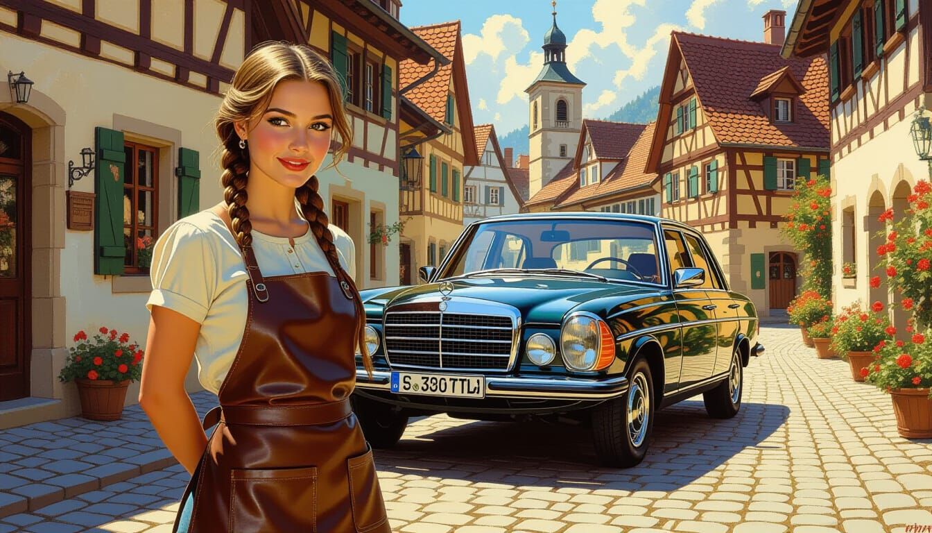 Woman & Vintage Mercedes in Bavarian Village Oil Painting