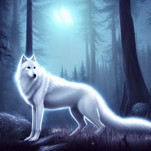 Majestic White Wolf in Forest: Fantasy Concept Art