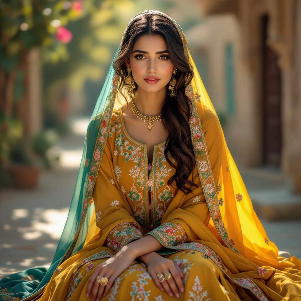 Pakistani Woman in Embroidered Shalwar Kameez