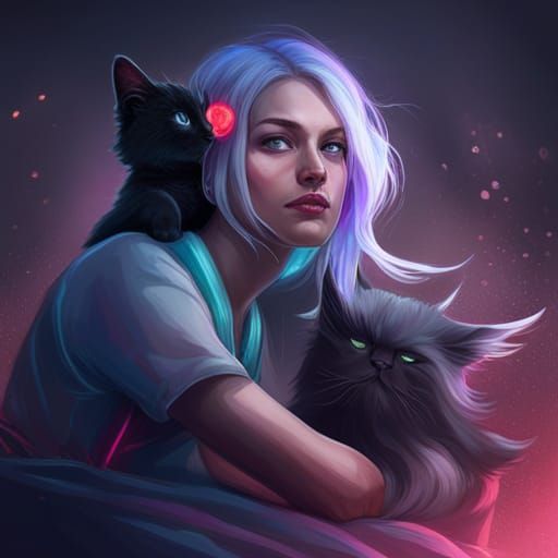 Gamer Girl with Black Cat in Cyberpunk Anime Style