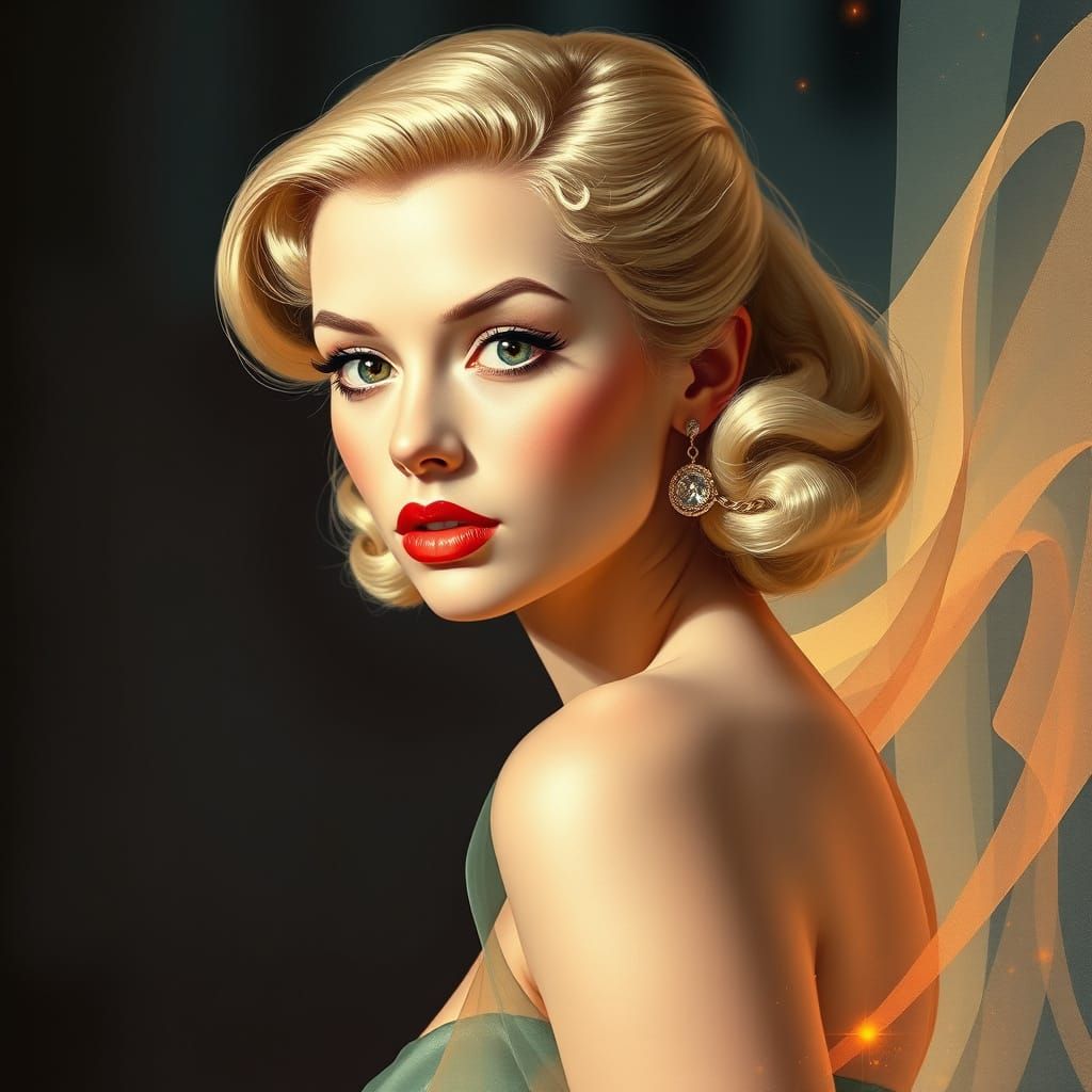 1950s Pin-Up Fusion: Digital Illustration with Abstract Form...