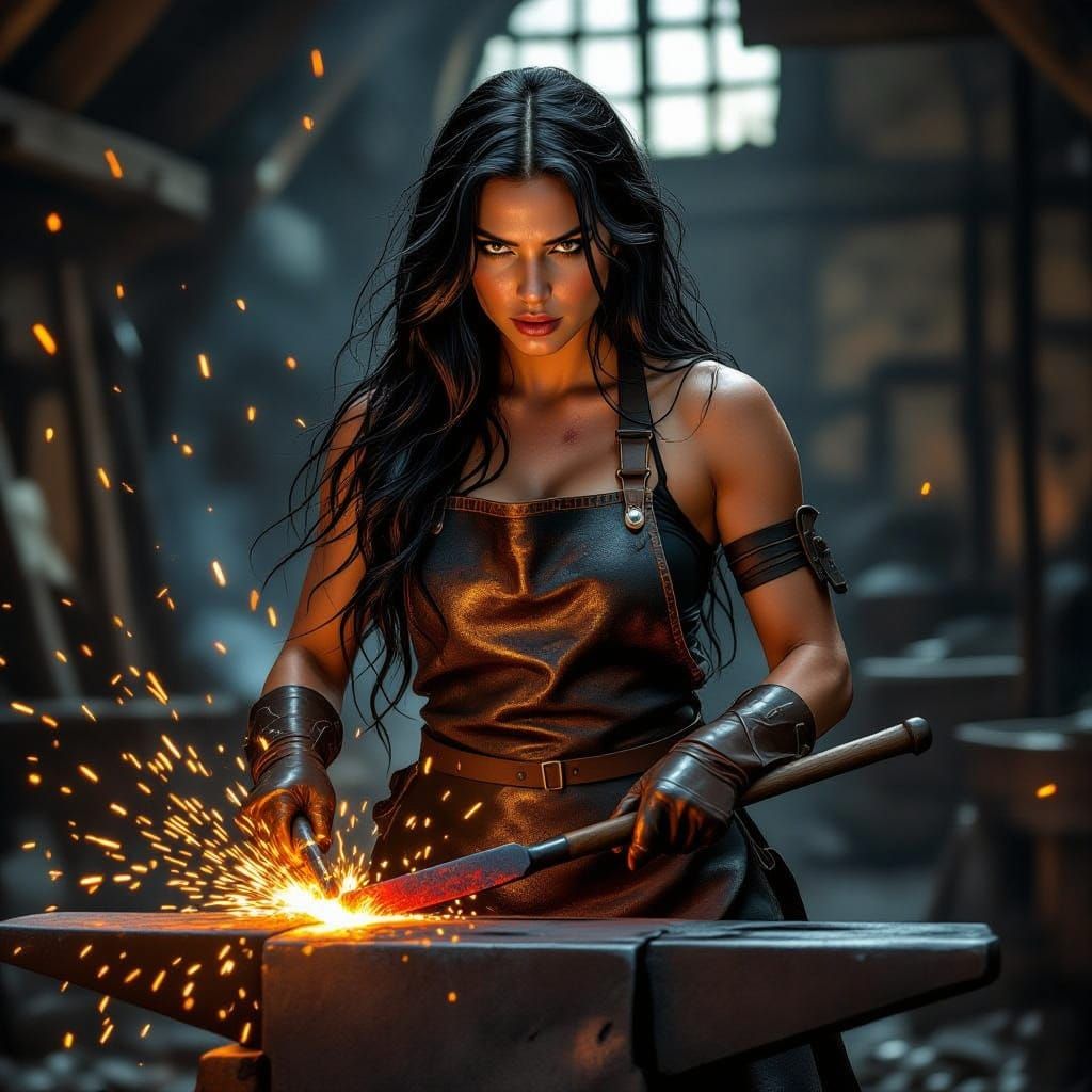 Blacksmith Woman Forging Metal in Medieval Forge
