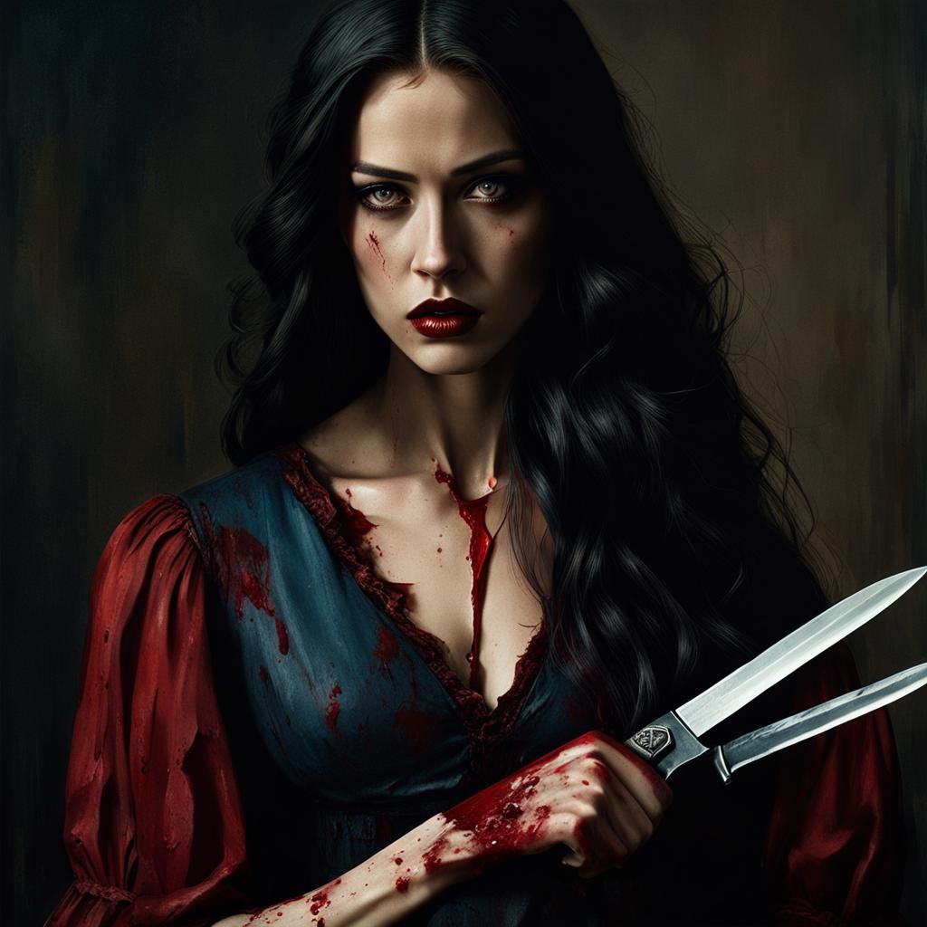 Hyperrealistic Alice with Knife in Deep Colors