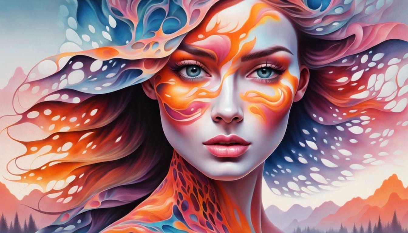 Surreal Woman's Face Melts into Abstract Pattern