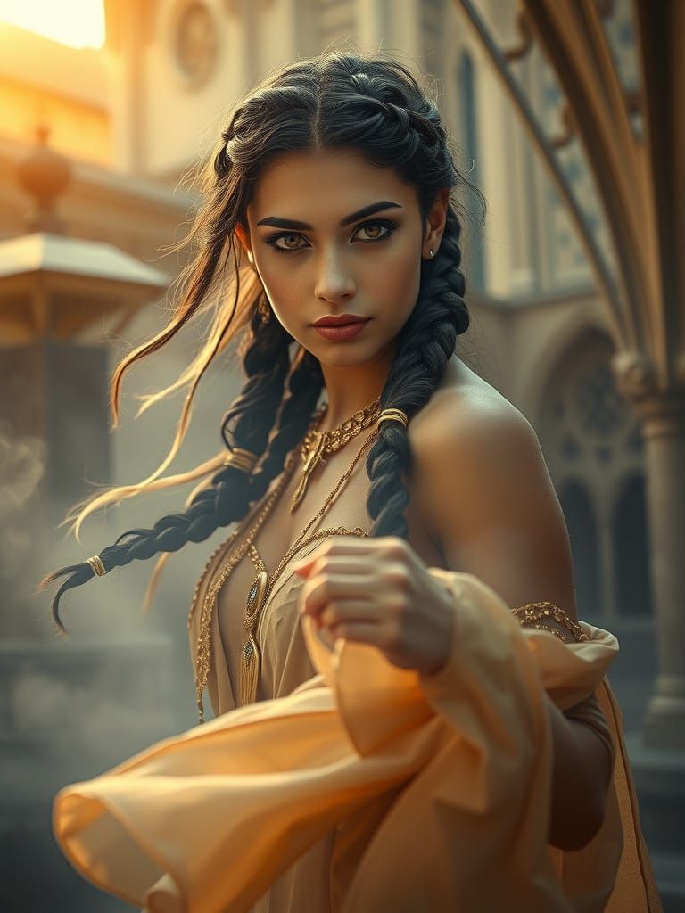 Golden Hour Elegance: A Mediterranean Goddess in Mystical Sp...