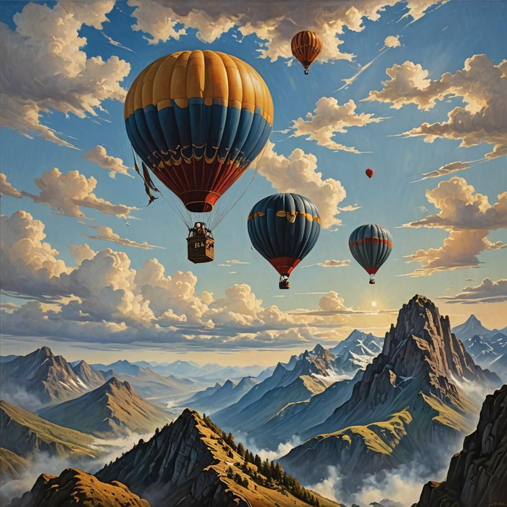 Couple in Hot Air Balloon: Oil Painting Landscape