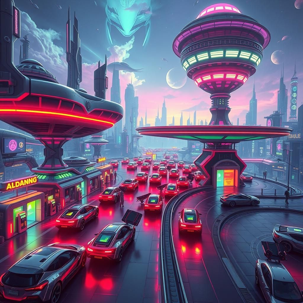 Extraterrestrial Gas Station in Futuristic Metropolis