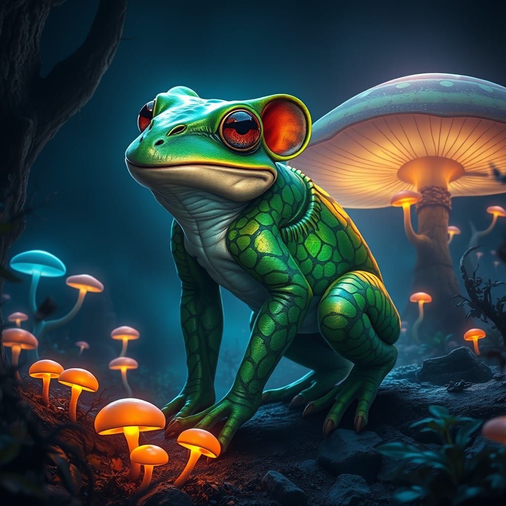 Majestic Frog-Hyena Hybrid in Vibrant Twilight Realm