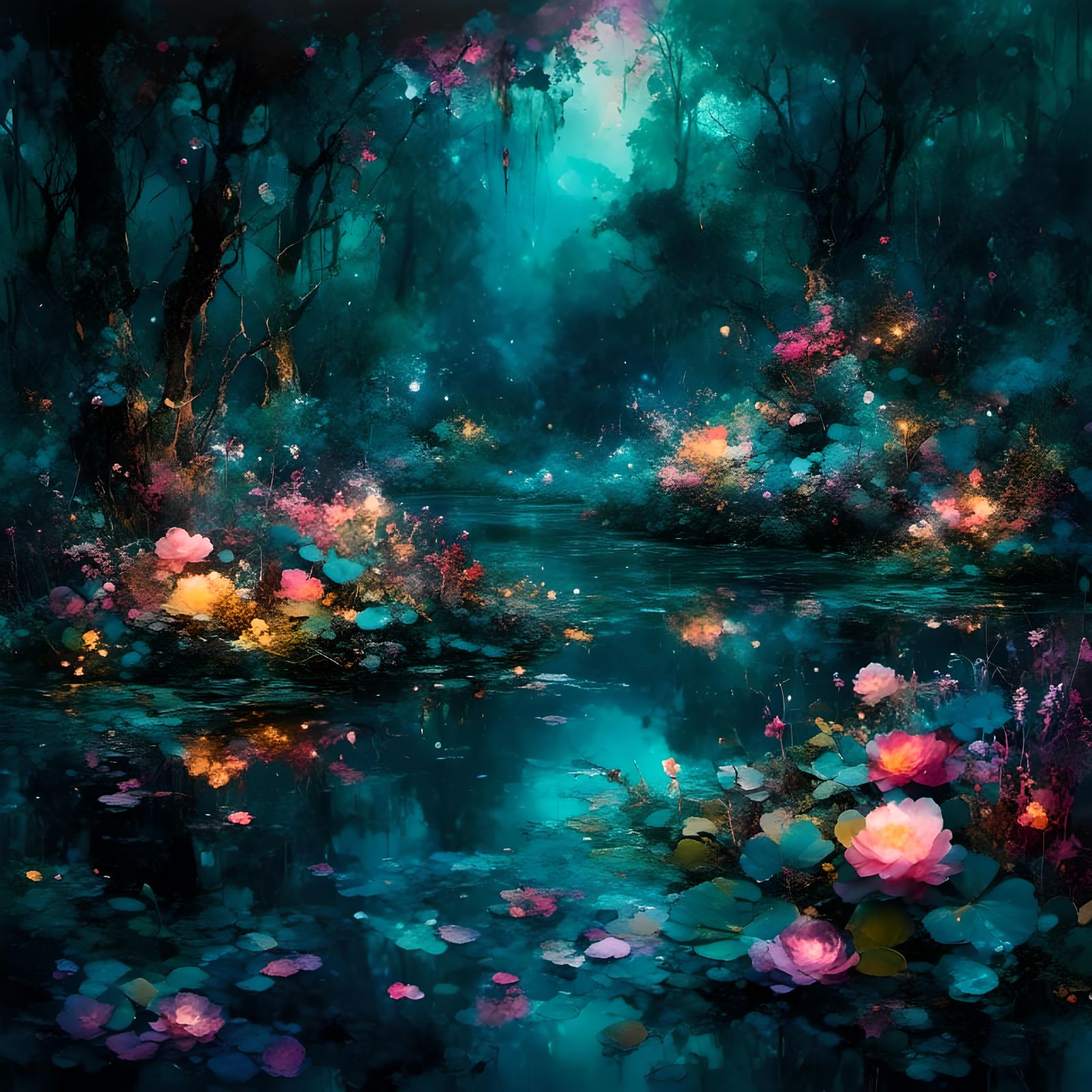 Enchanted Midnight Flower Garden in Impasto Style