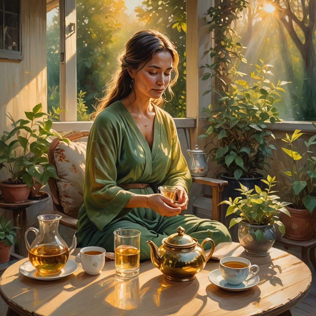 Serene Sunrise Meditation: Oil Painting Portrait