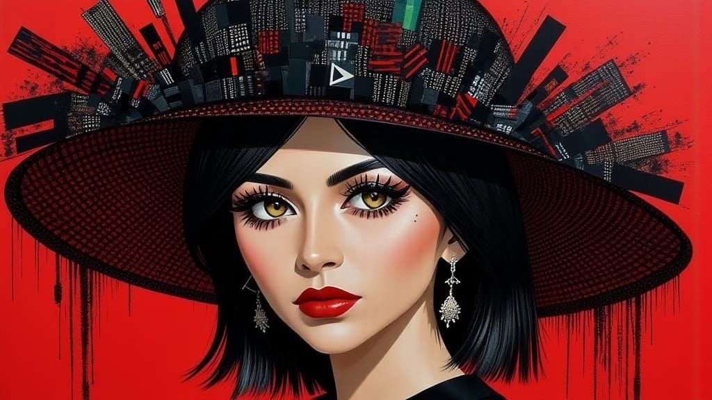 Woman in Avant-Garde Flop Hat with Dramatic Makeup and Barco...