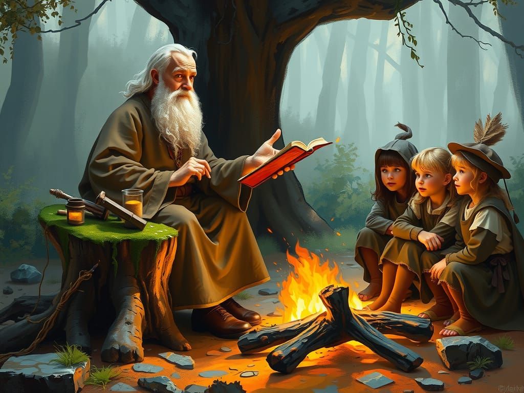 Impressionist Druid Tells Stories to Children by Campfire