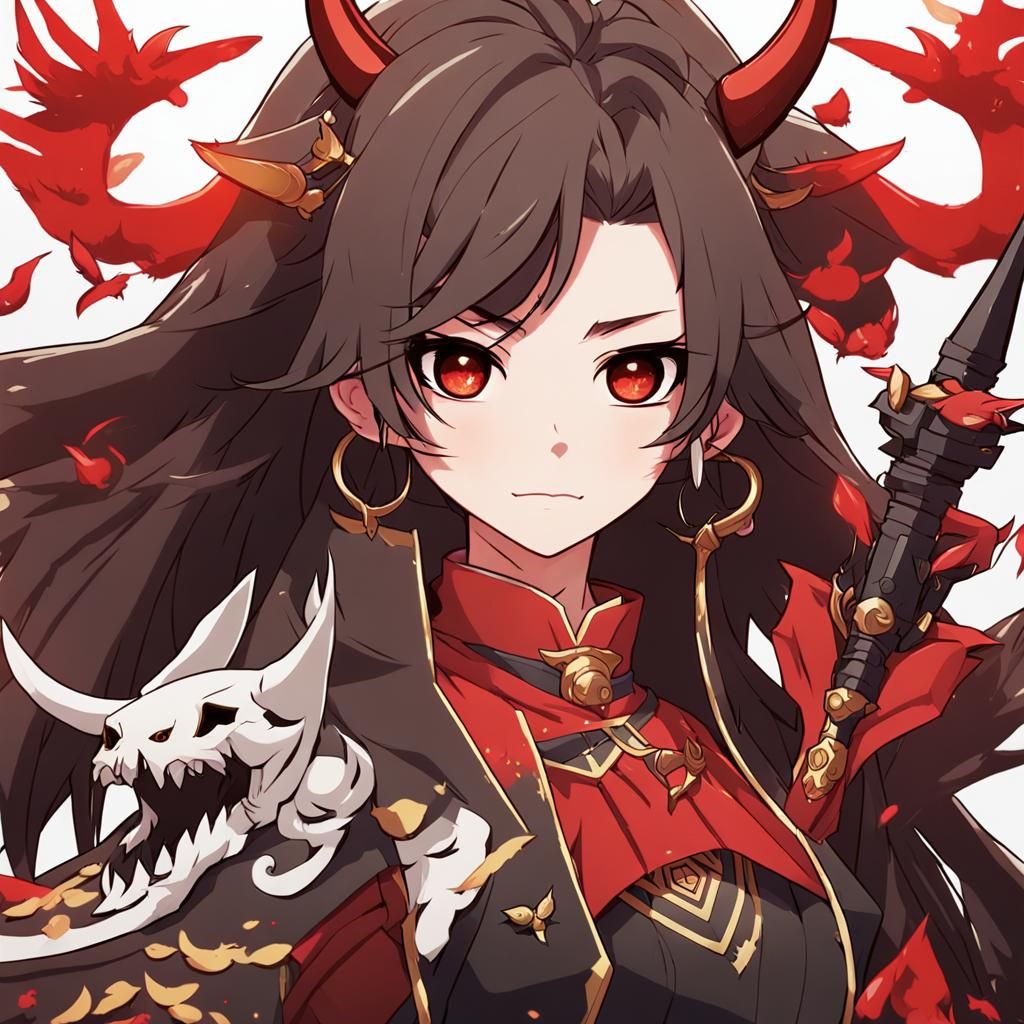 Genshin Impact OC: Oni Girl with Spear, in Anime Style