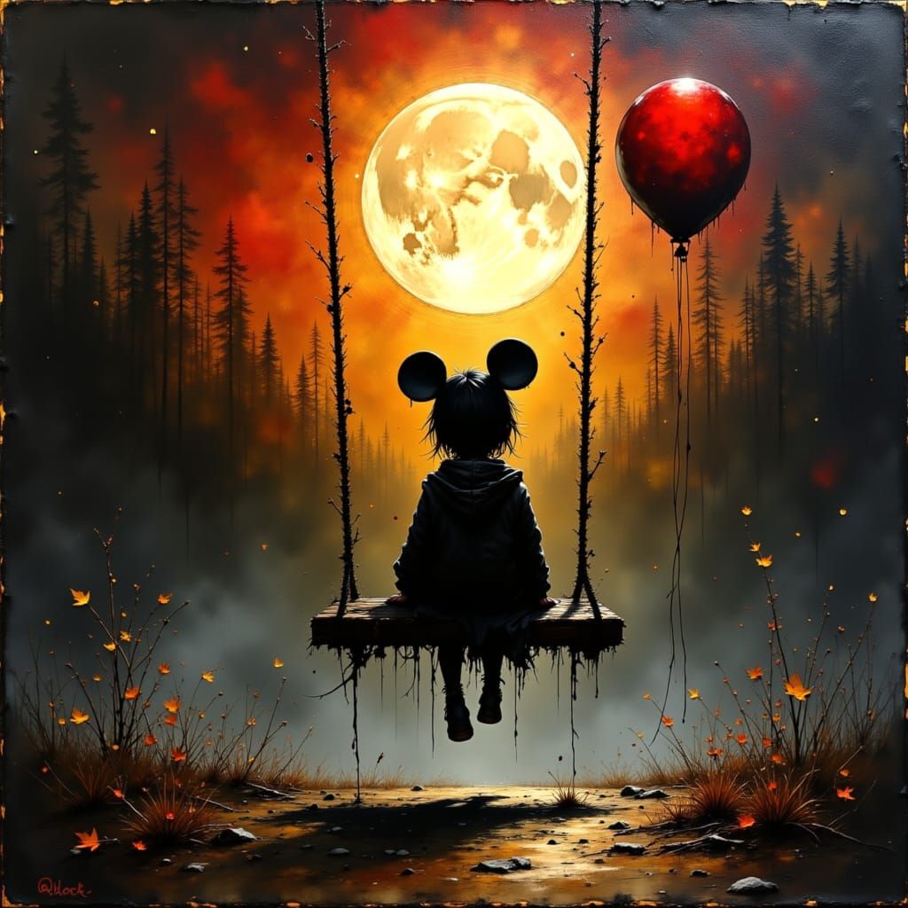 Child on Swing in Autumn Haze, Impasto Oil