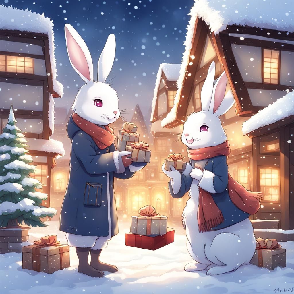 Rabbits Exchange Gifts in Snowy Anime Wonderland