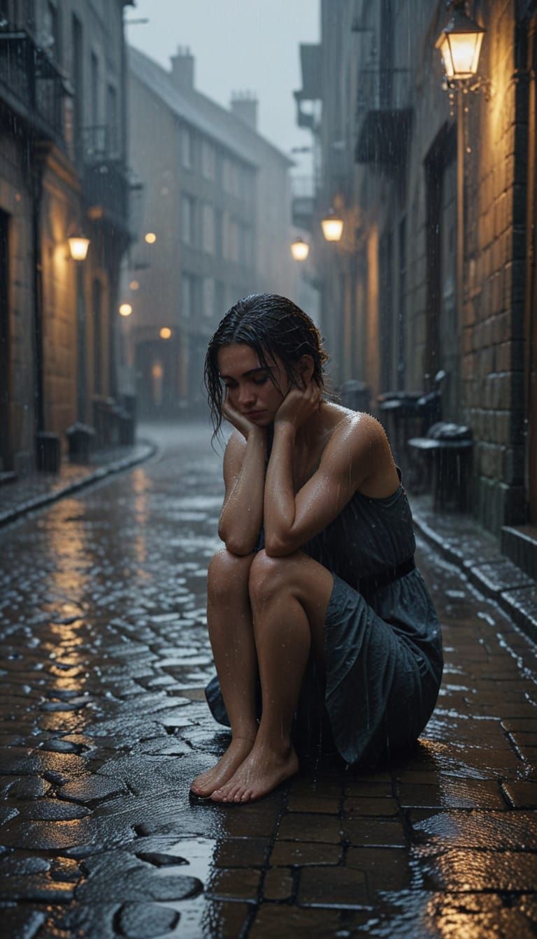 Sad Woman in Rainy Alley: Moody Cinematic Portrait