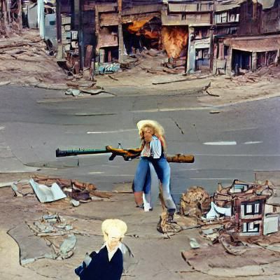 Woman with Guns in Post-Nuclear Cityscape