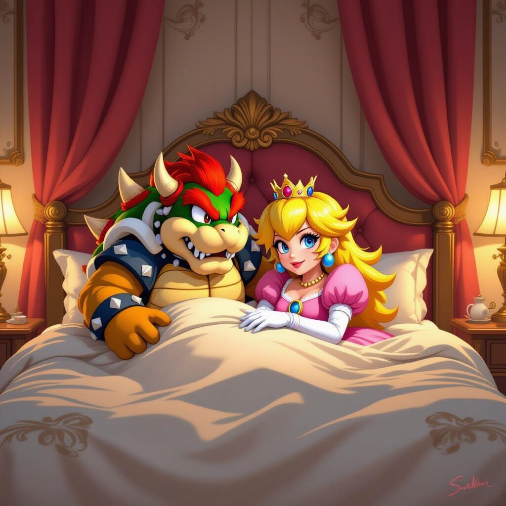 Bowser and Peach in Lavish Bed, Whimsical Fantasy