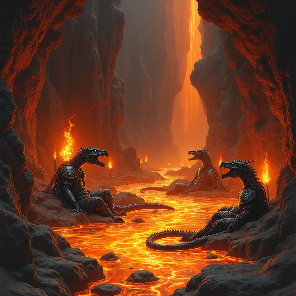 Realistic Pencil Illustration of Salamander Warriors in a La...