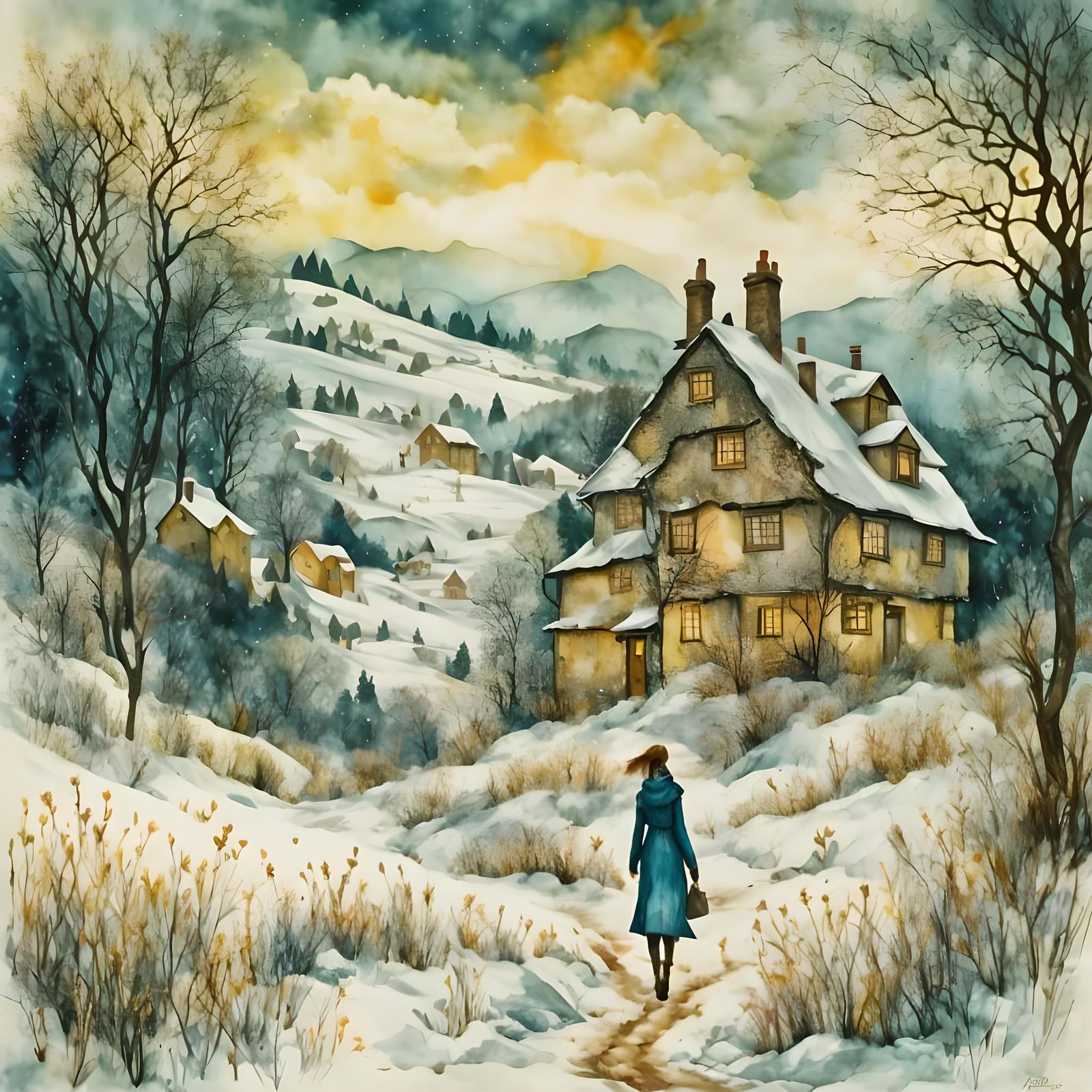 Winter Scene in Rural England: Watercolour Illustration