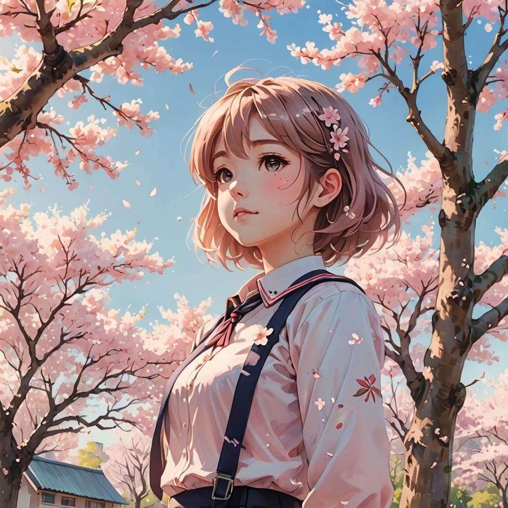 Anime Girl in Cherry Blossom Park, Watercolor Style