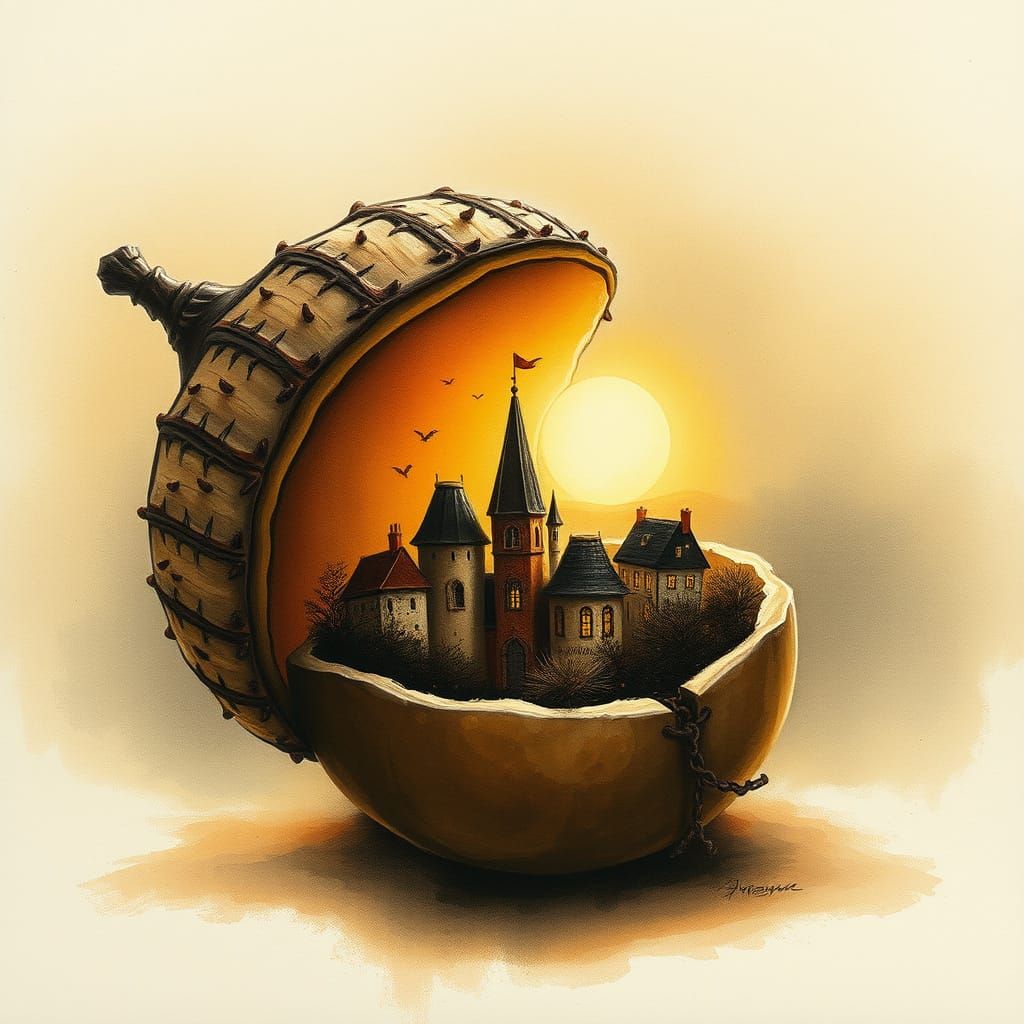 Acorn Village: Impressionist Gouache with Golden Light