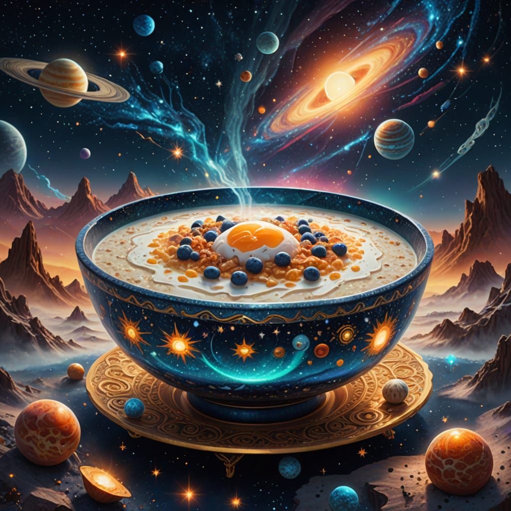 Ethereal Cosmic Porridge Scene in Vibrant Colors