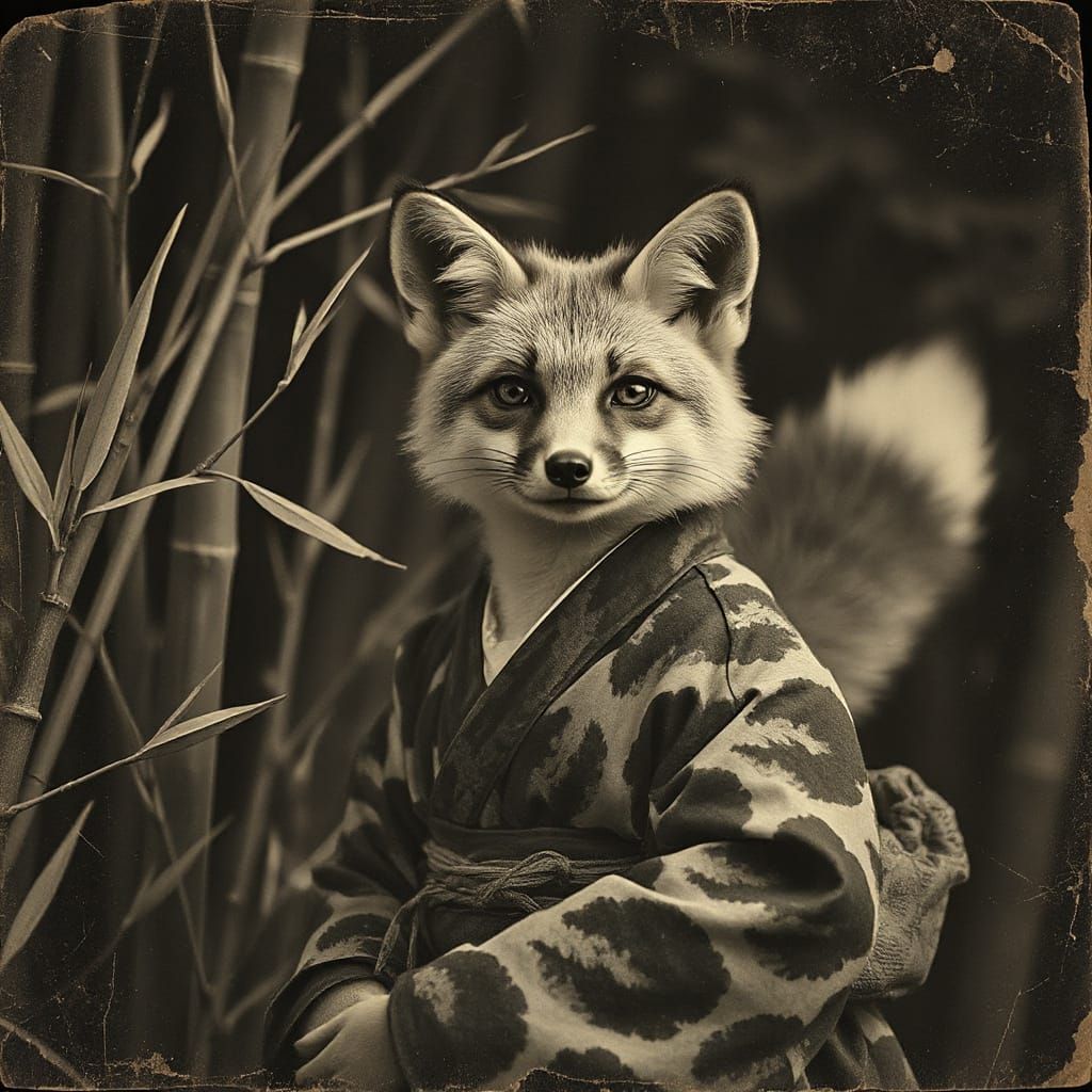 Monochrome Fox in Kimono: A Vintage Photograph