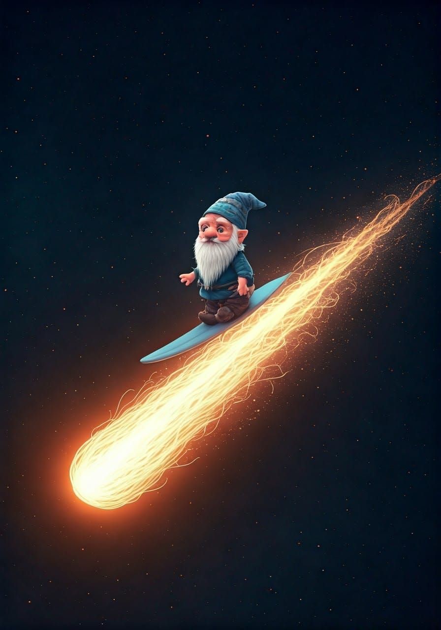 Whimsical Gnome Surfs Cosmic Comet