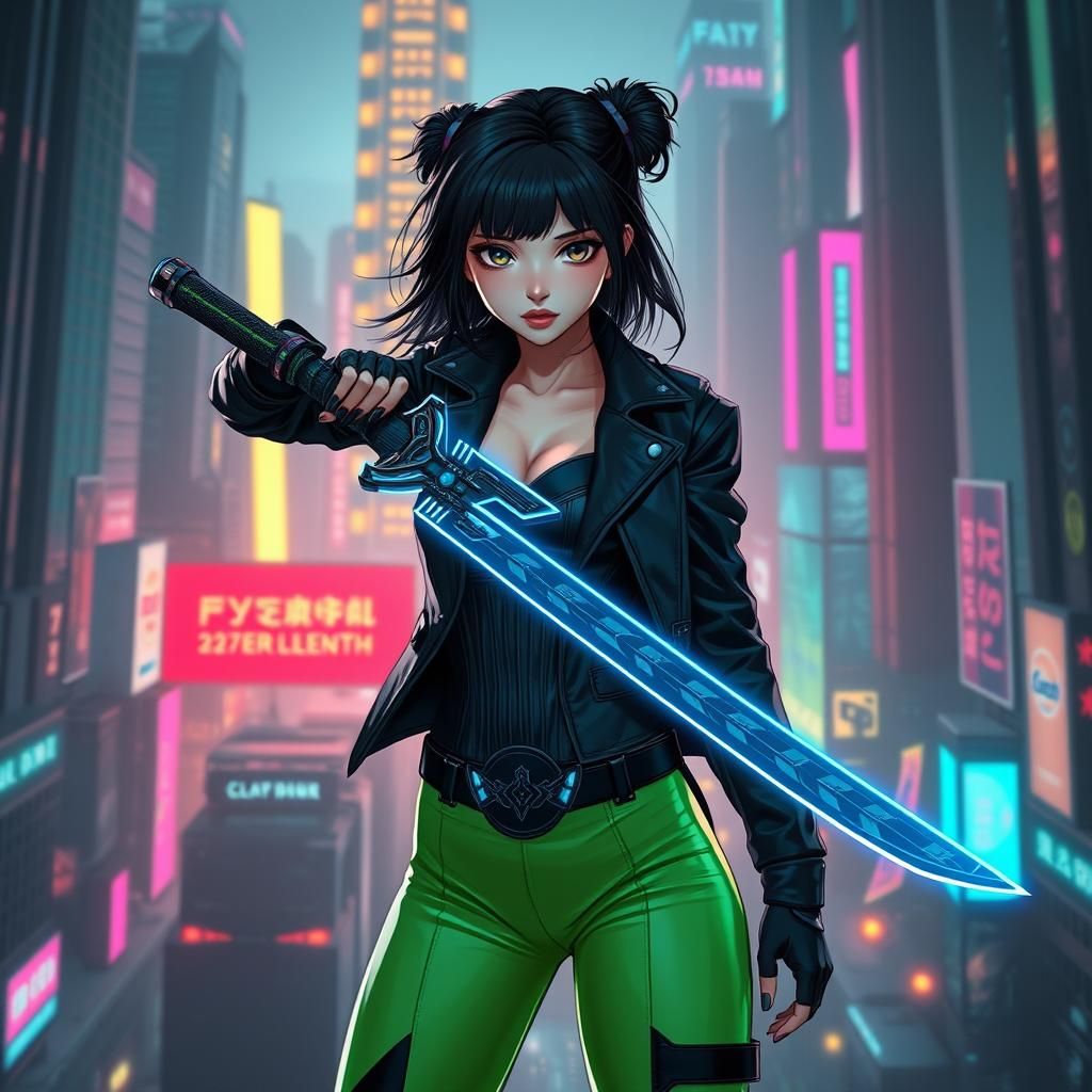Cyberpunk Girl with Katana in Neon Cityscape