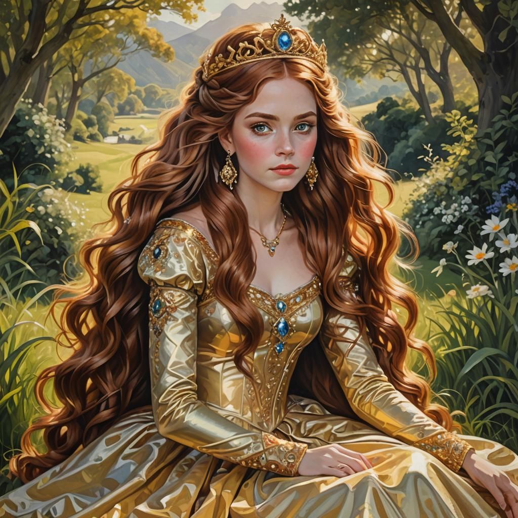Majestic Queen with Auburn Hair and Golden Gown