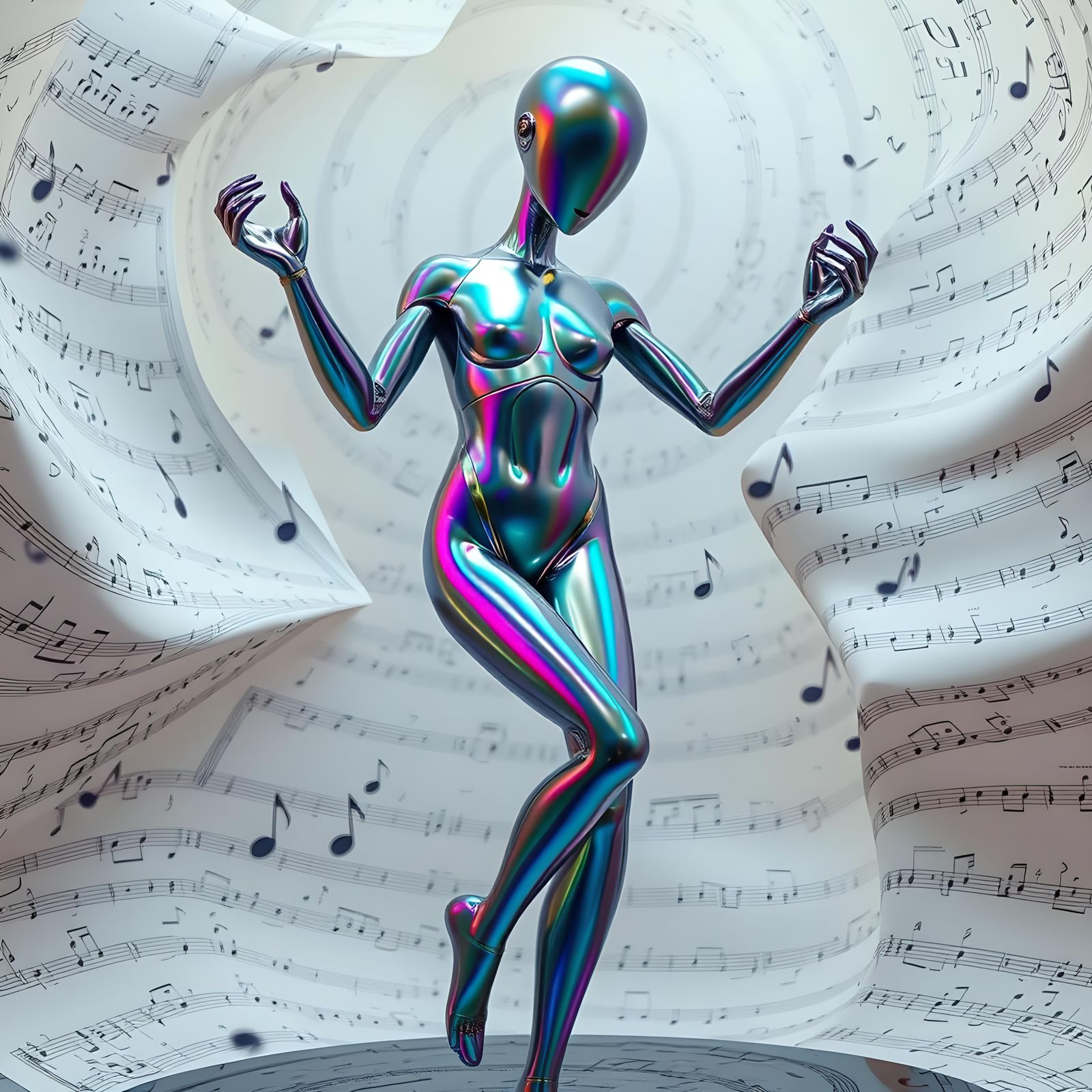Rainbow Metal Dancer Sculpture with Music Backdrop