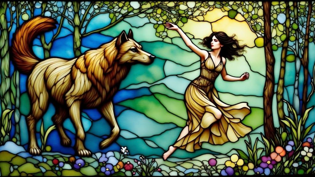 Stained Glass Woman Running From Wolf