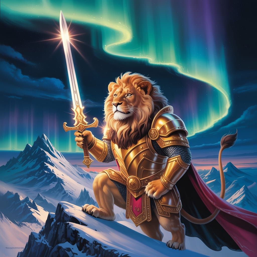 Armored Lion King on Mountain Peak, Fantasy Art