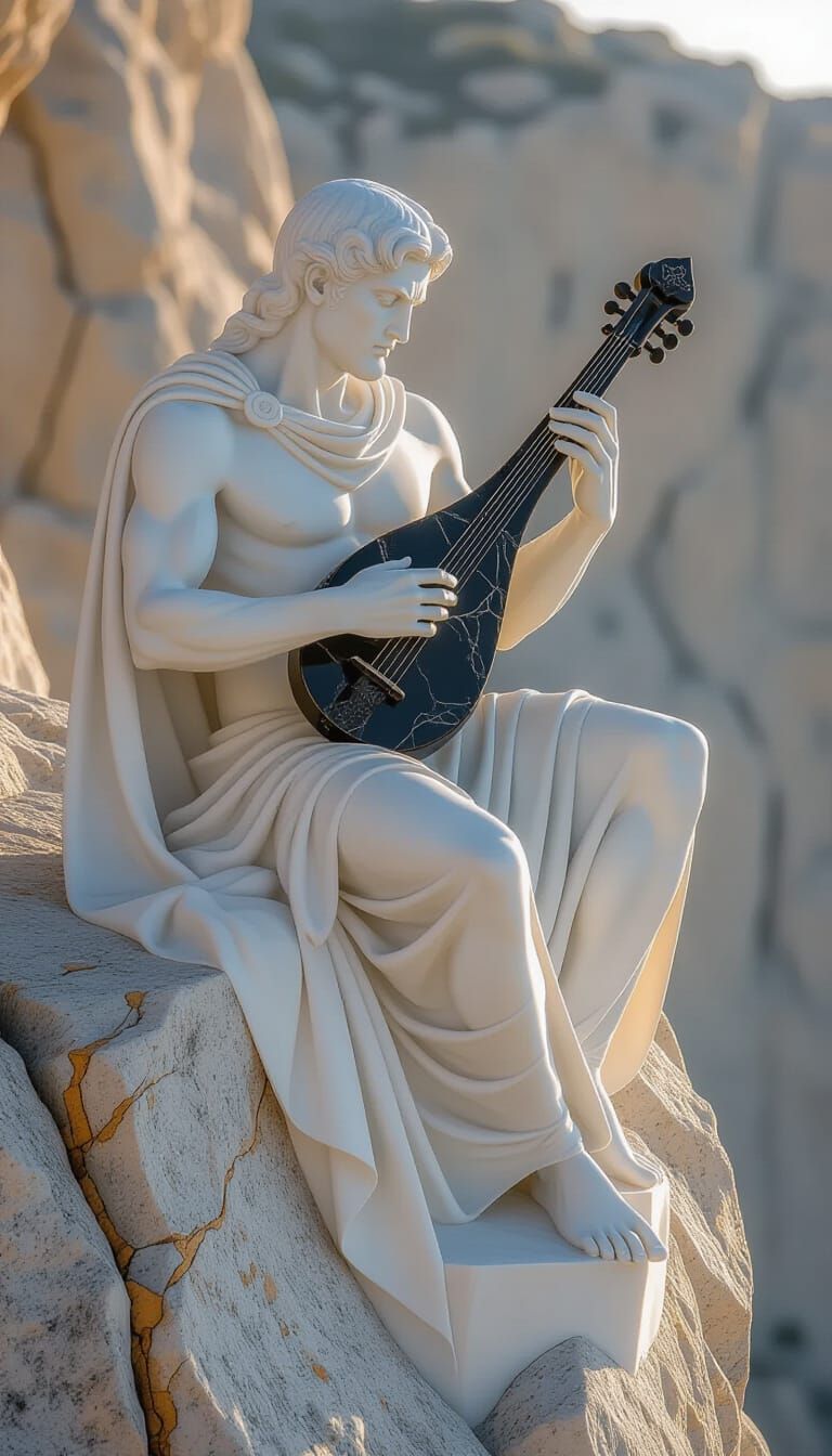 Marble Man Plays Obsidian Lyre at Sunset