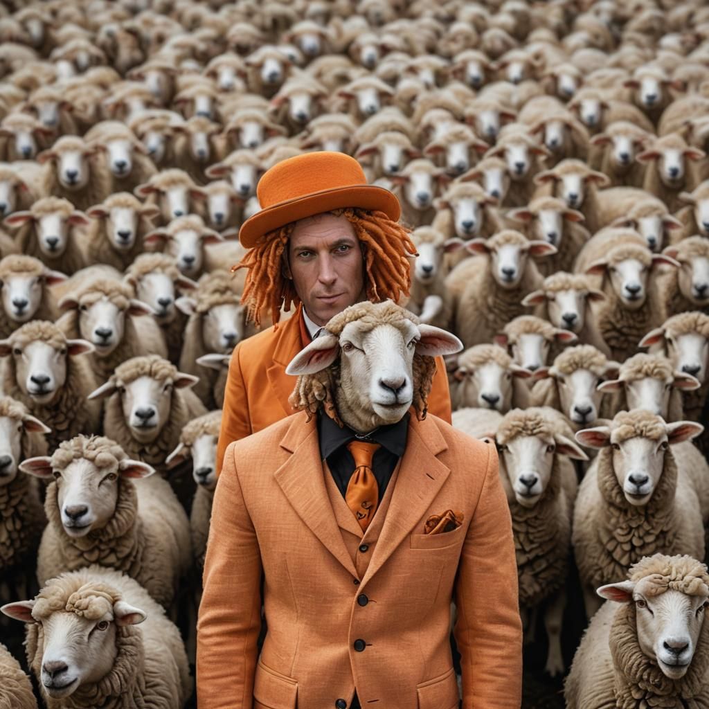 Anthropomorphic Sheep with Dreadlocks in Orange Suit