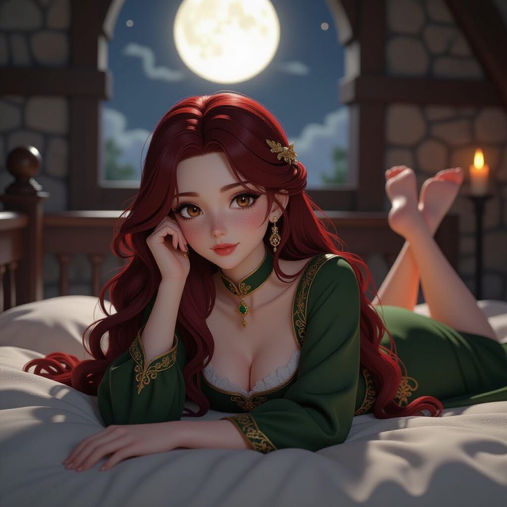Ethereal Moonlight Woman in Medieval Dress 3D Anime Art