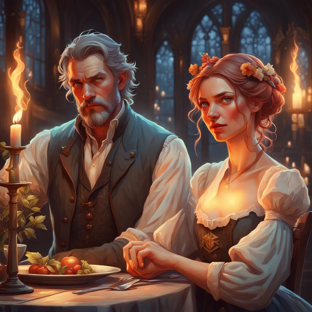 Romantic Candlelit Dinner Portrait in Hyperdetailed Style