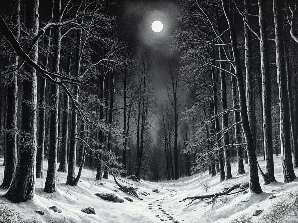 Frozen Forest Scene in Scratchboard Style