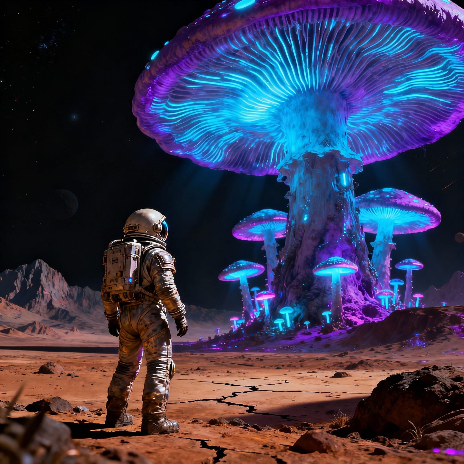 Astronaut Gazes at Alien Bioluminescent Mushroom Forest