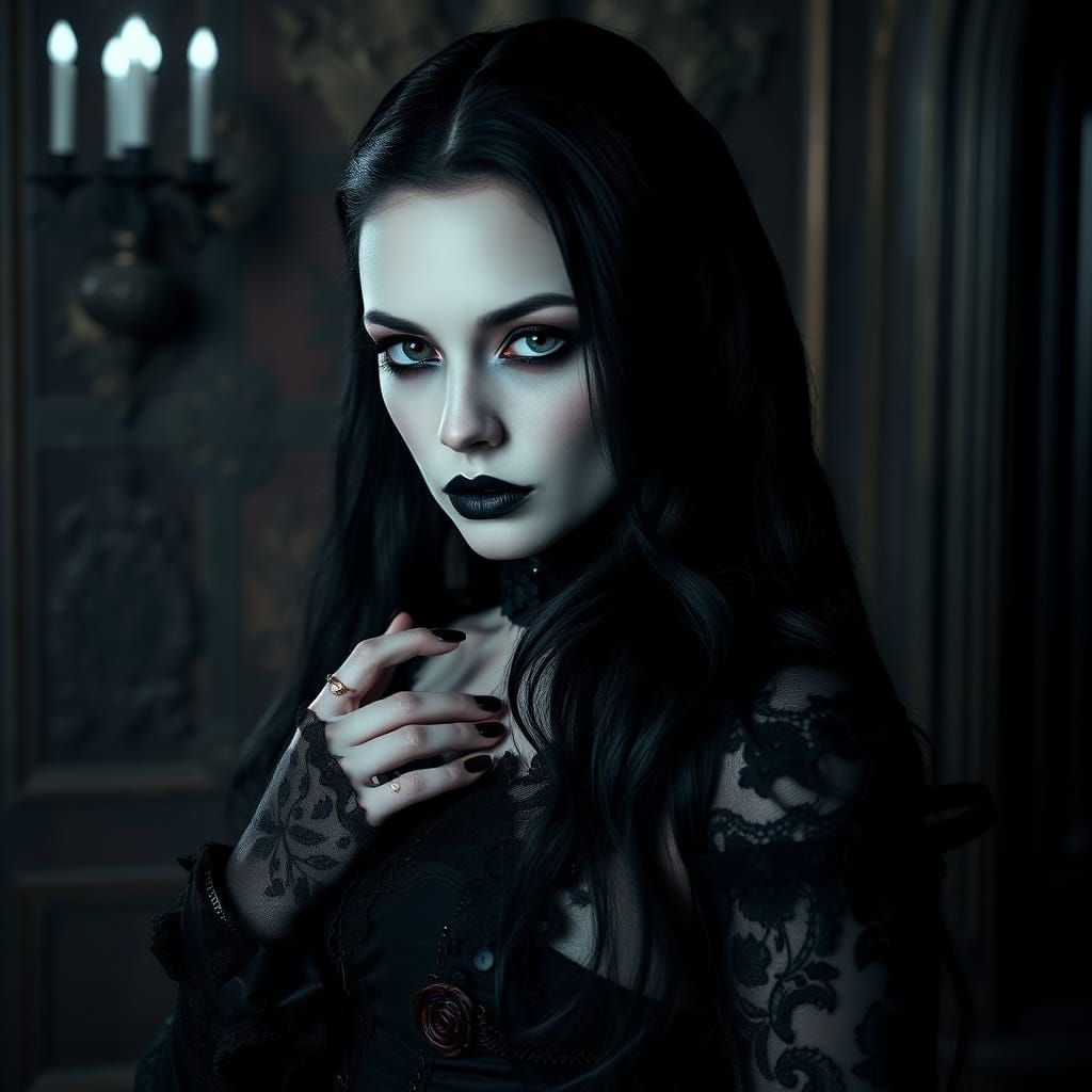 Gothic Female Vampire in Dark Baroque Chamber