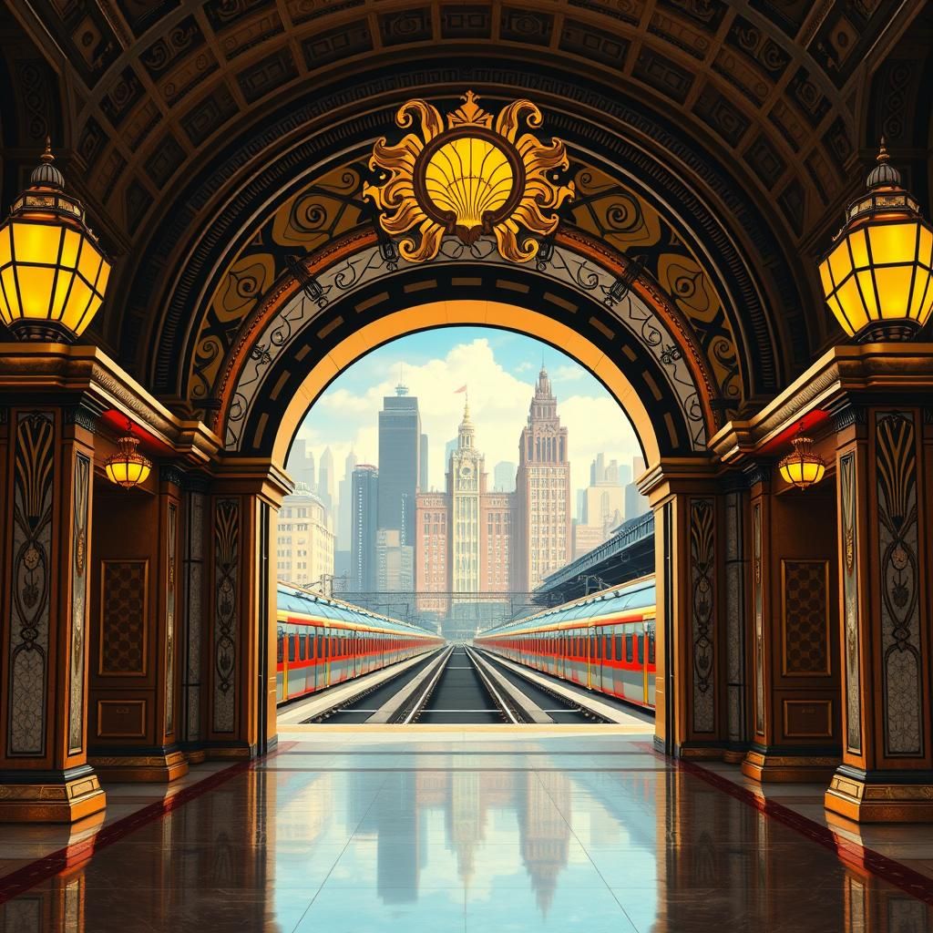 Grand Art Deco Archway in Opulent Train Station