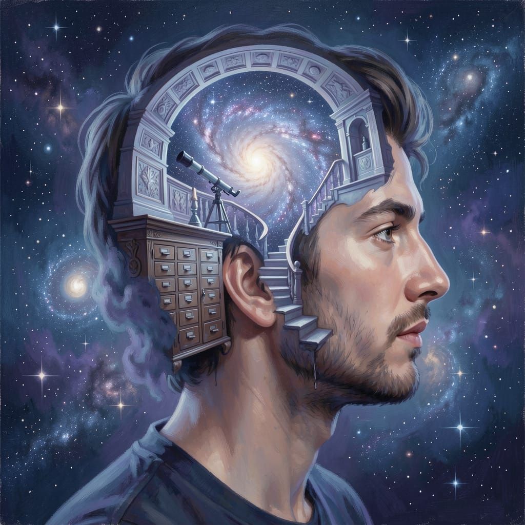 Androgynous Man's Head Opens to Galaxy in Surreal Digital Ar...