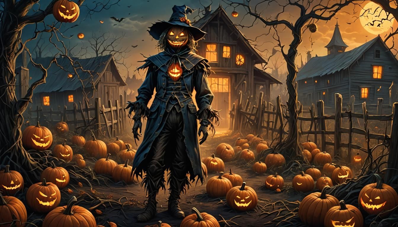 Eerie Scarecrow in Pumpkin Patch: Dark Fantasy Illustration
