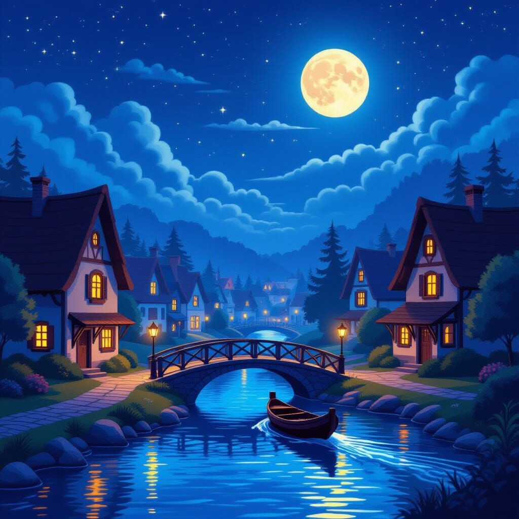 Magical Village at Night Under a Full Moon