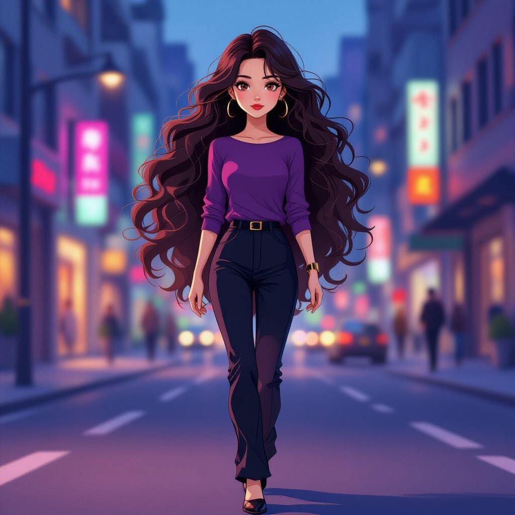 Woman Walking in Neon City Street Anime Style